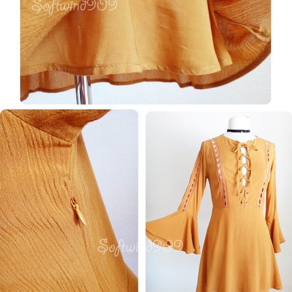 Last☝️Forever 21 Mustard Lace Up Cute Skater Dress - Picture 6 of 8